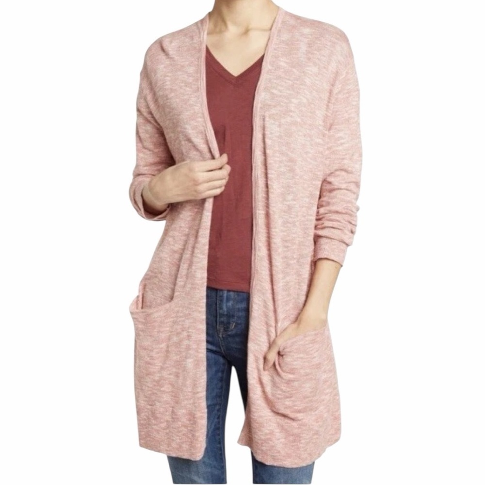 Madewell Heathered Pink Open Front Cardigan Sweater XL Pocket Cotton Blend